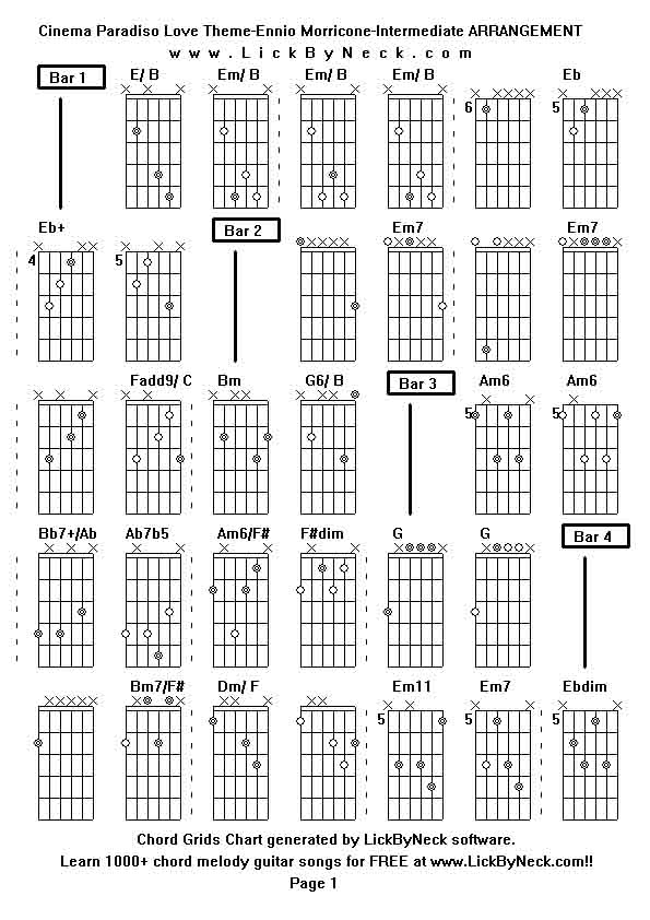 Chord Grids Chart of chord melody fingerstyle guitar song-Cinema Paradiso Love Theme-Ennio Morricone-Intermediate ARRANGEMENT,generated by LickByNeck software.
